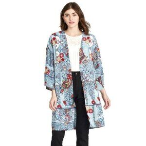 Womens Floral Print Long Sleeve Kimono Jacket Knox Rose Salt Marsh Blue Size S